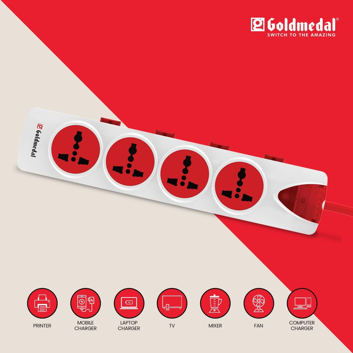 Goldmedal Plugged-in 4X4 Power Strip with 4-Outlet International Sockets, Individual Switch, Supply Indicator and 2M Power Cord (White & Red), 250 Volts