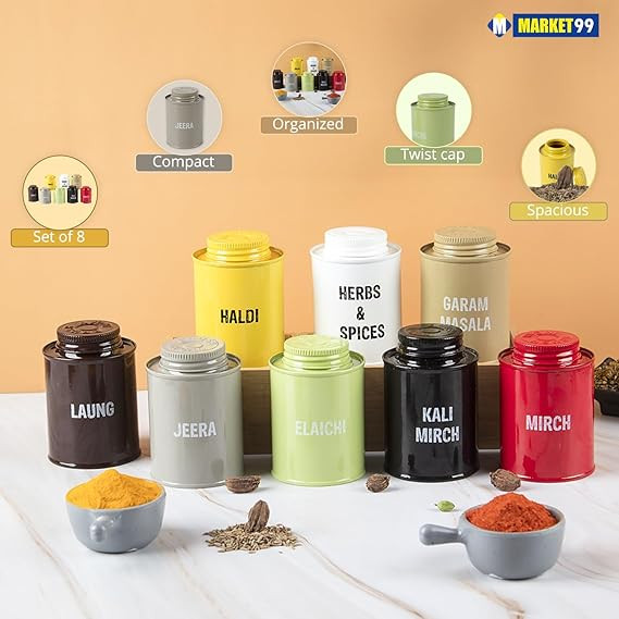 MARKET 99 Spice Jar 8 Pcs Set Metal Storage Box Container BPA Free Condiment Shape Spice Container Masala Rack Air Tight Kitchen Organizer 250 Ml