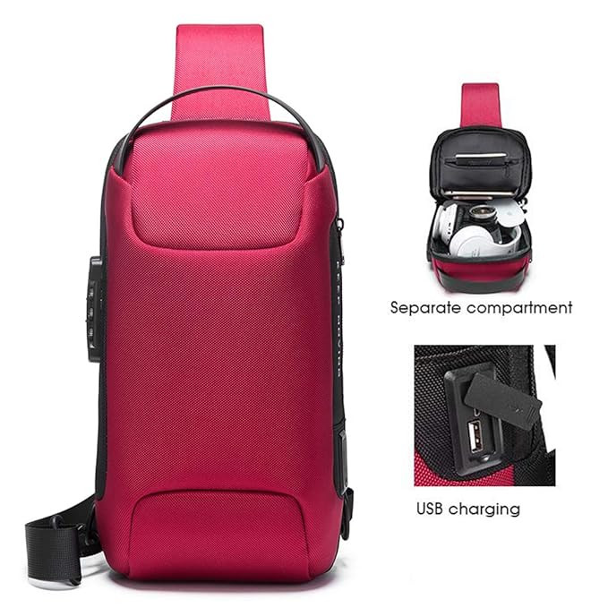 BANGE Unisex Adult Multifunctional Polyester Material Water Resistant Sling bag with USB Charging (Red)