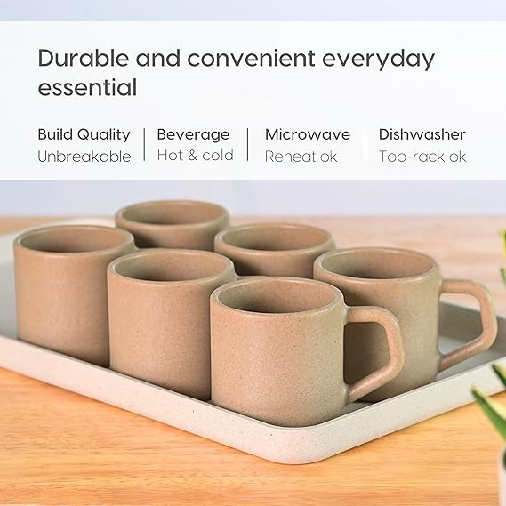 Eha Earth-Friendly Comfy Coffee Cup Set of 6 | 200 ml | Made with Rice Husk & Bamboo Fibers | Microwave Safe | for Hot & Cold Coffee Mug, Tea & Milk | Natural Matte Finish | Multicolor