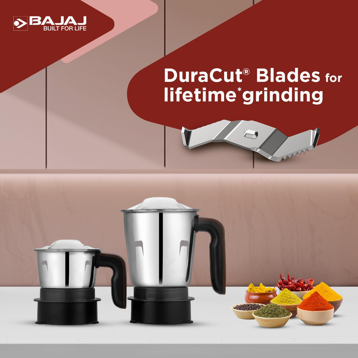 Bajaj Ninja Series Powergrind 1000 W Mixer Grinder With 3 Jars (Stainless Steel Jars) | DuraCut Blades For Lifetime Grinding | Double Ball Bearing 1000W Motor | 1 Yr Warranty【Brown/Chrome】