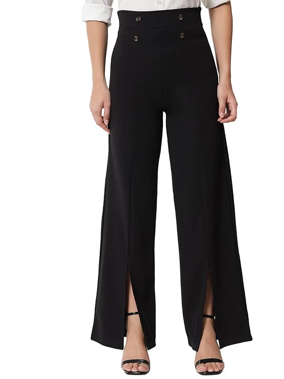 KOTTY Women Regular Length Jade Black Solid Trousers