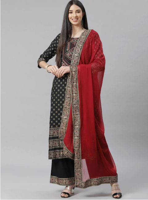 Black printed Kurta with Palazzos and dupatta
