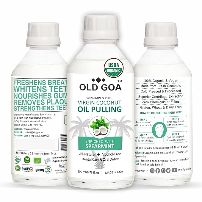 OLDGOA Oil Pulling Ayurvedic Mouthwash | Cold Pressed Virgin Coconut Oil | For Healthy Teeth & Gums, Bad Breath, Healthier Oral Hygiene, Teeth Whitening, Detoxification|Spearmint|100 ML Pack Of 1
