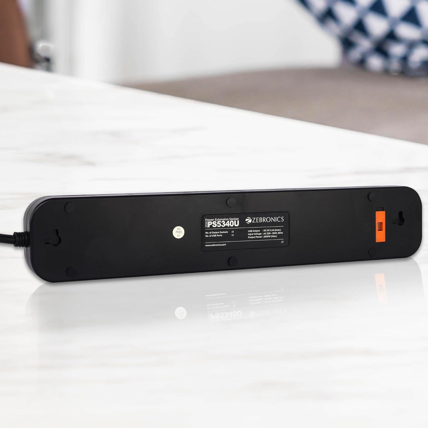 ZEBRONICS PS5340U Power Strip with 5 Universal Sockets, 2500W Max., 4 USB Ports, USB Output 2.4A Max., 3 Meter Copper Cable, Overload Protection, Surge Protection, Wall Mountable, 250 Volts