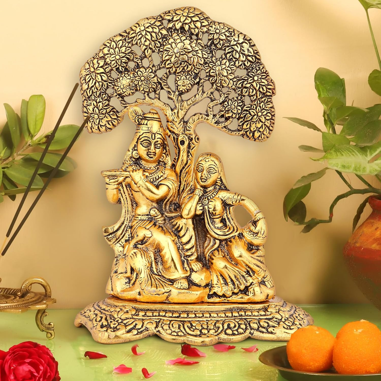 INTERNATIONAL GIFT Golden Metal Radha Krishna Statue Oxidized Finish