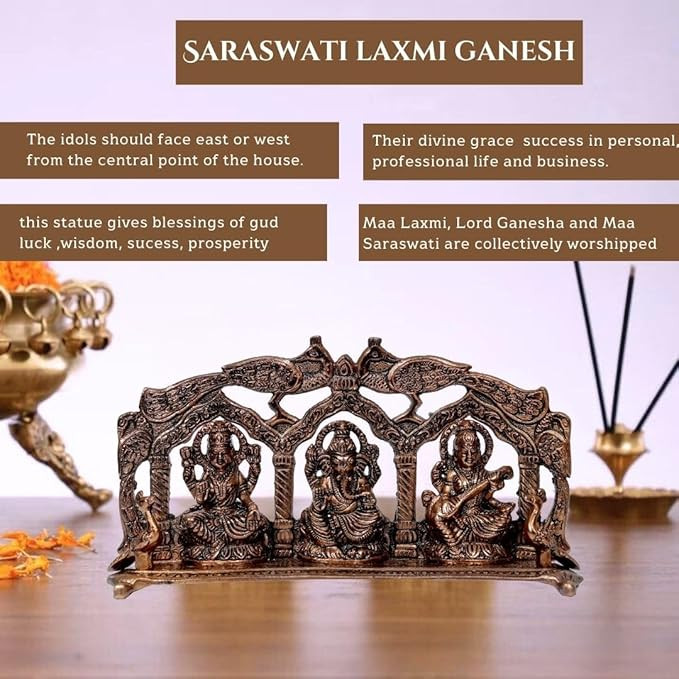 INTERNATIONAL GIFT Copper Plated Laxmi Ganesh Saraswati GodIdol Statue Oxidized Finish with 2 Piece Laxmi Ganesh Diya with Beautiful Velvet Box Packing and with Carry Bag (14H x 25W x 5L Centimeters)