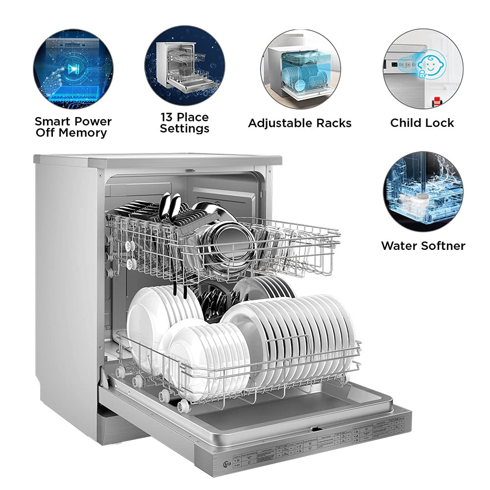 MIDEA 13 Place Setting Freestanding Dishwasher (WQP12-5201F, Silver,7 wash program, Child Lock, Extra Dry & Intensive 70 degree wash, A++ Energy Efficient, Delay Timer, Half Load, Adjustable Basket)