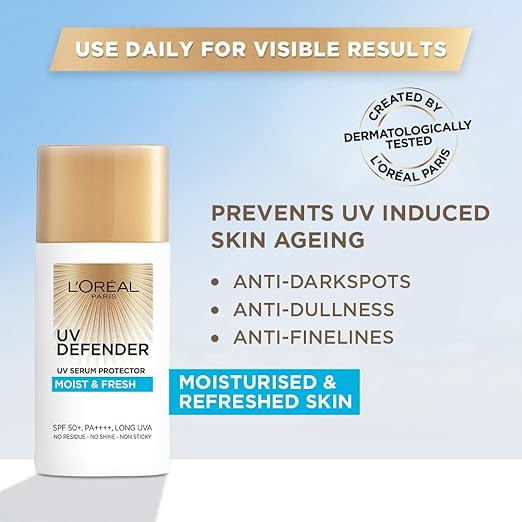 L'Oreal Paris Sunscreen, Non-Greasy, Hydrating Sunscreen With Hyaluronic Acid, UVA & UVB Protection, With SPF 50 PA+++, Moist & Fresh, UV Defender Serum Protector, 50 ml