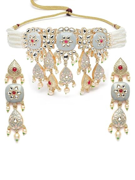 Karatcart Gold Plated Grey Meena Kundan Choker Necklace Set for Women