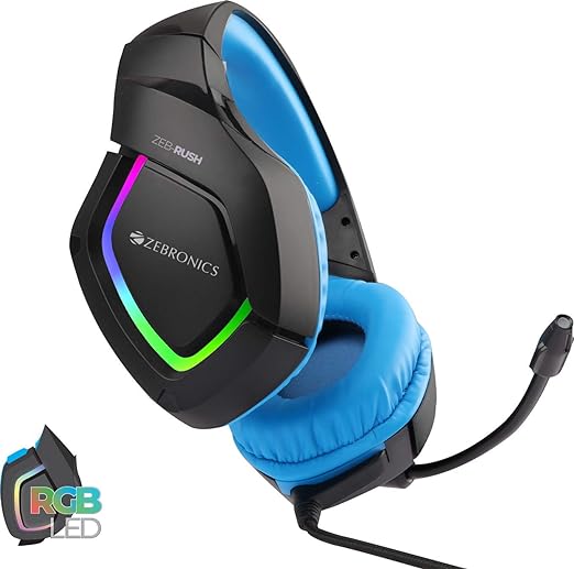 Zebronics Zeb-Rush (Blue) Premium Wired Gaming On Ear Headphone with RGB LEDs, Dual 3.5mm Jack, Converter Pin, Cushion Headband, Volume Controller, Adjustable Mic, 40mm Neodymium Drivers