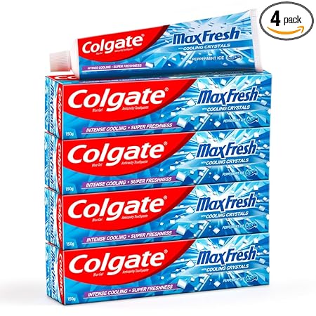 Colgate MaxFresh 600g (150g x 4, Pack of 4) Breath Freshener Toothpaste, Peppermint Ice, Blue Gel Paste with Menthol, Cooling crystals controls Bad Breath