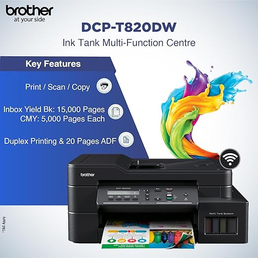 Brother DCP-T820DW - Wi-Fi & Auto Duplex Color Ink Tank Multifunction (Print, Scan & Copy) All in One Printer for Home & Office