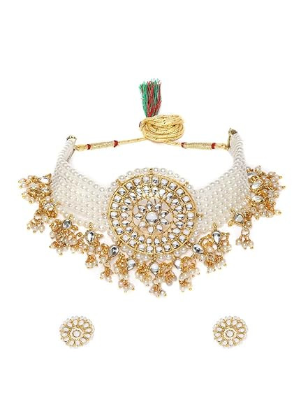 ZAVERI PEARLS Gold Tone Kundan & MultiStrand Pearls Choker Necklace & Earring Set For Women-ZPFK9805