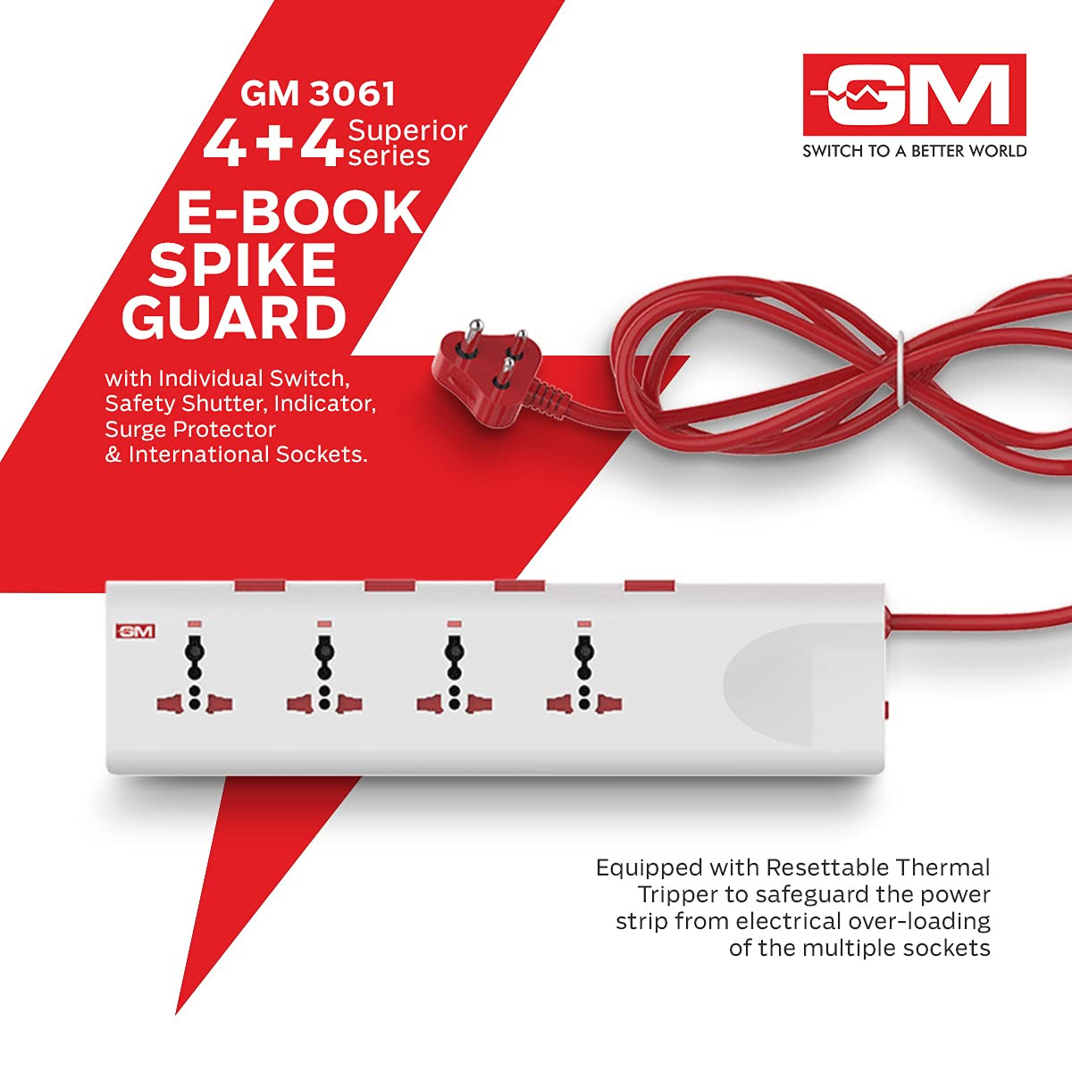 GM 3061 E-Book Power Strip,Extension Cord,Surge Protector,Spike Guard,Fire Retardant Protection,Thermal Trip,Overload Protection,Childsafety Shutter,4 International Sockets,Master Switch,LED,2M Cord