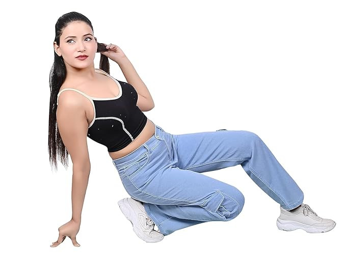 Habit Creation Women High-Rise Straight Fit Cargo Jeans |Wide Leg |Denim Cargo Pant