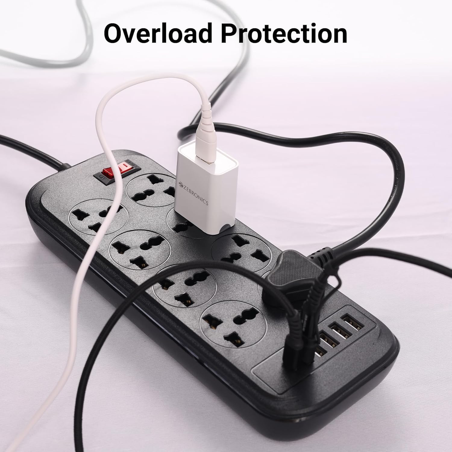 ZEBRONICS POWER BAR 282, Power Strip, 2500 Watts, 10 Amps, 1x Type C Port (15.5W), 8x Universal Socket, 4+1 USB Port (15.5W), LED Indicator, On/Off Switch, Overload Protection, Wall Mountable, 2 Meter