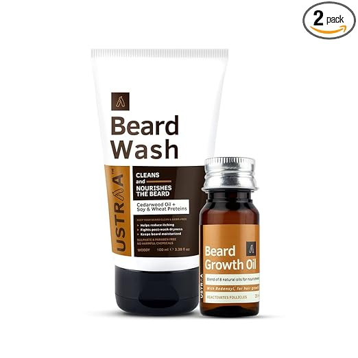 Ustraa Beard Growth Oil - 35ml - With Redensyl and 8 Natural Oils, Moisturizes & Nourishes, No Mineral Oil & Beard Wash Woody - 100 ml -SLS-free Beard Wash | Thick Foam, No Post-wash Dryness