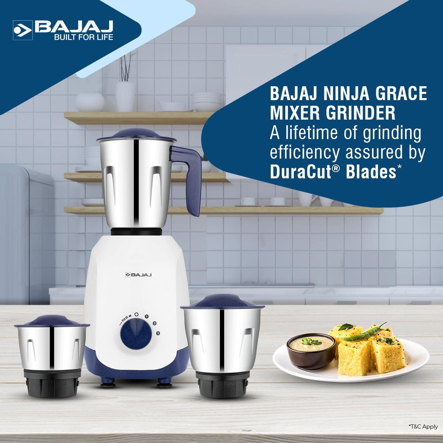 Bajaj Ninja Series Grace 500W Mixer Grinder | Mixie For Kitchen With DuraCut® Blades | 2-In-1 Blade Function For Dry & Wet Grinding | 2 Mixie Jars | 5-Yr Motor Warranty By Bajaj 【Midnight Blue】