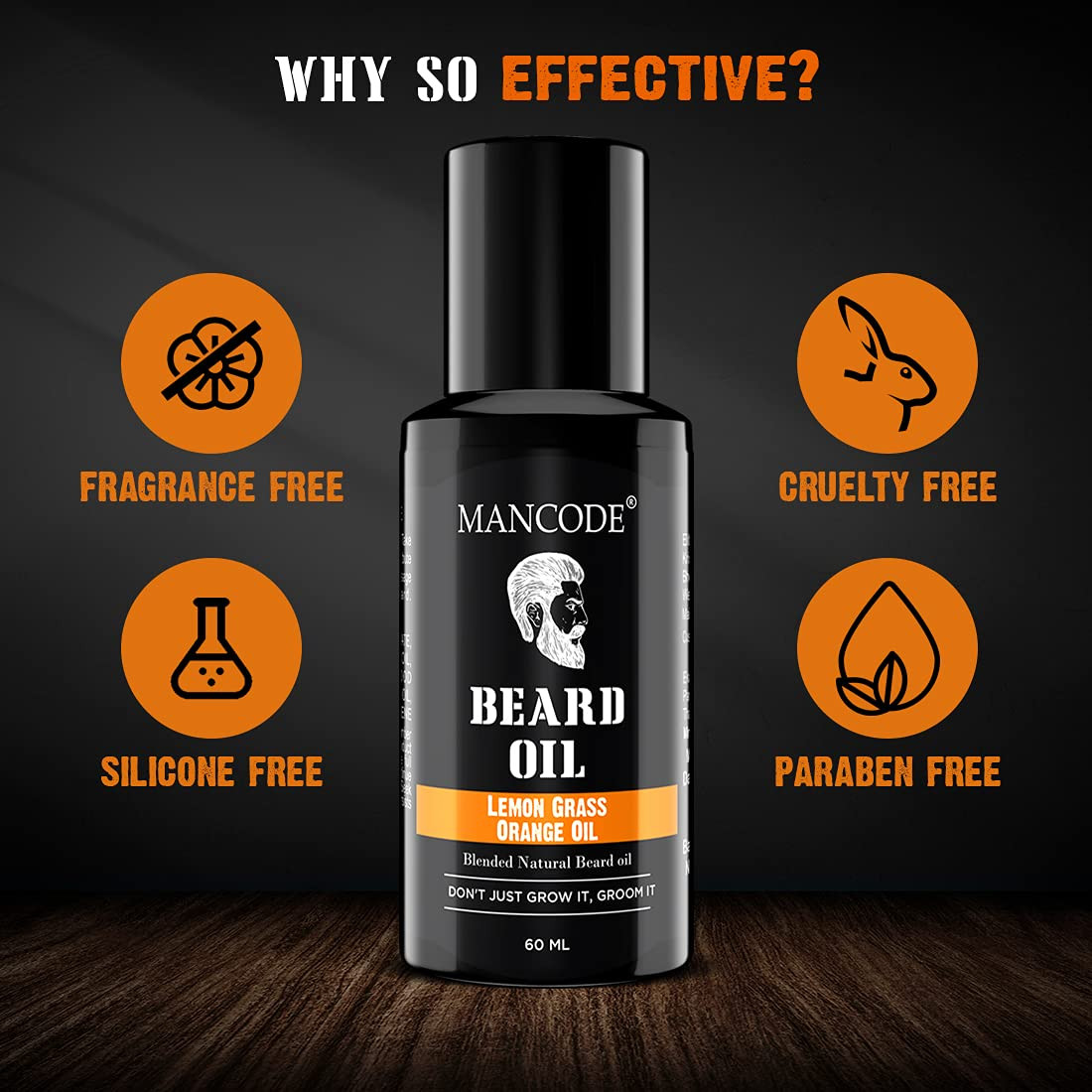 Mancode Beard Growth Oil for Men - 60ml More Beard Growth, With Lemon Grass & Orange Oil Natural Oils including Vitamin E, Nourishment & Strengthening, No Harmful Chemicals