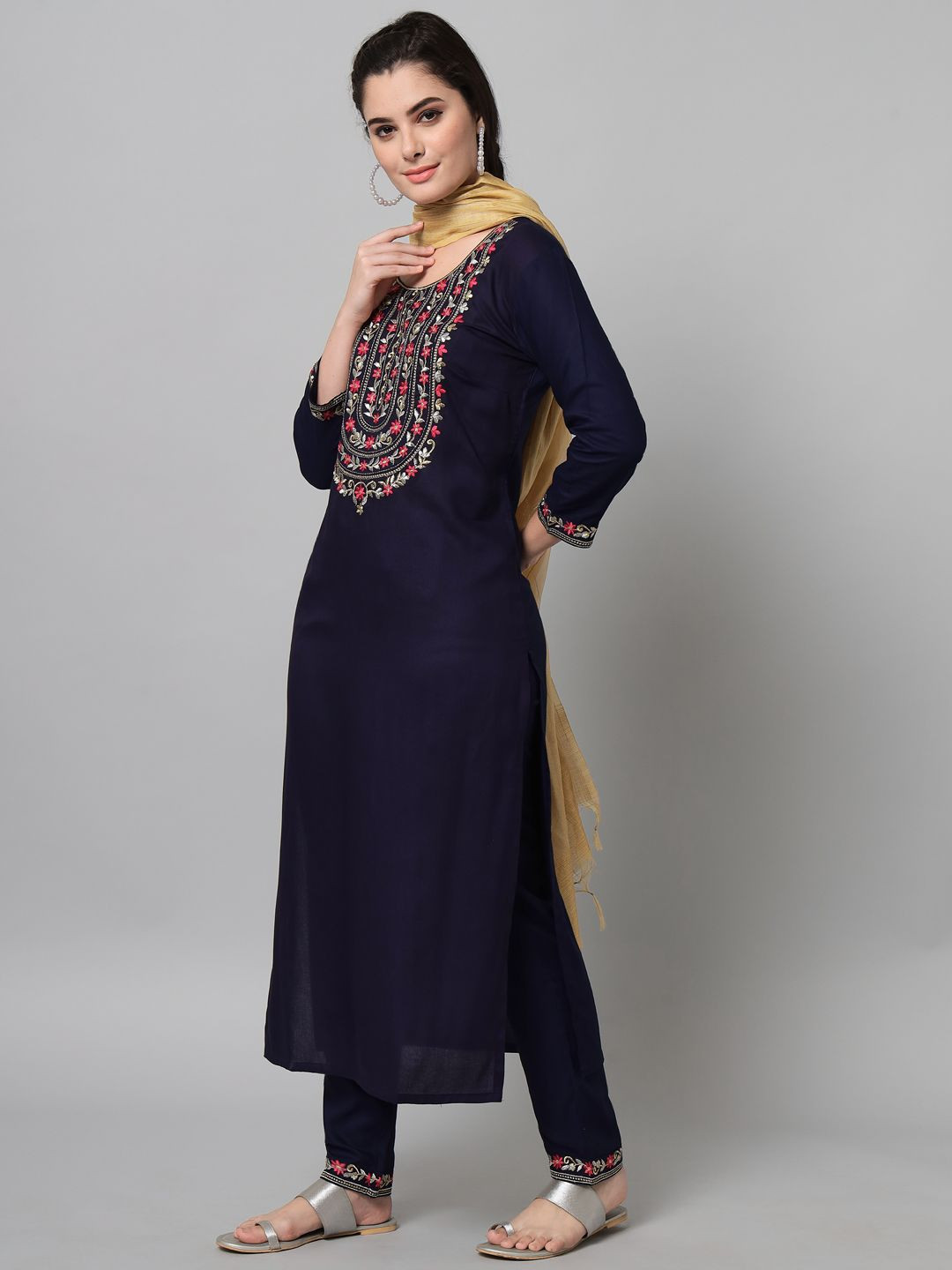 Navy kurta trouser set with dupatta with gold and silver embroidery