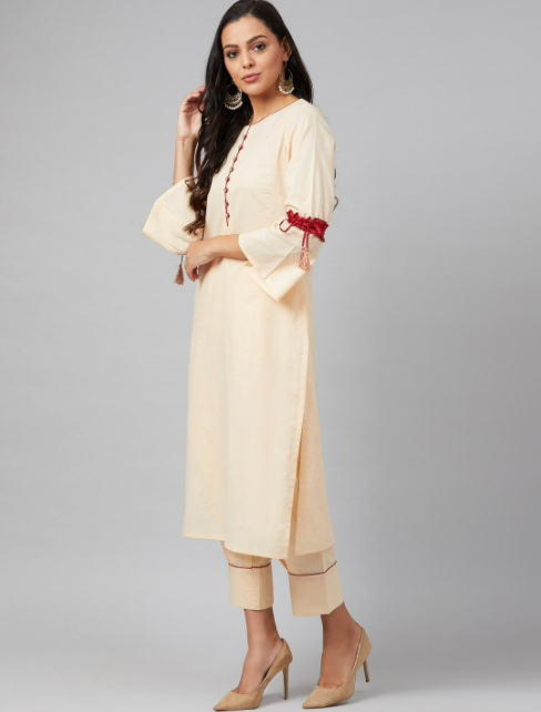 Women Beige Pure Cotton Kurta with Churidar & Dupatta