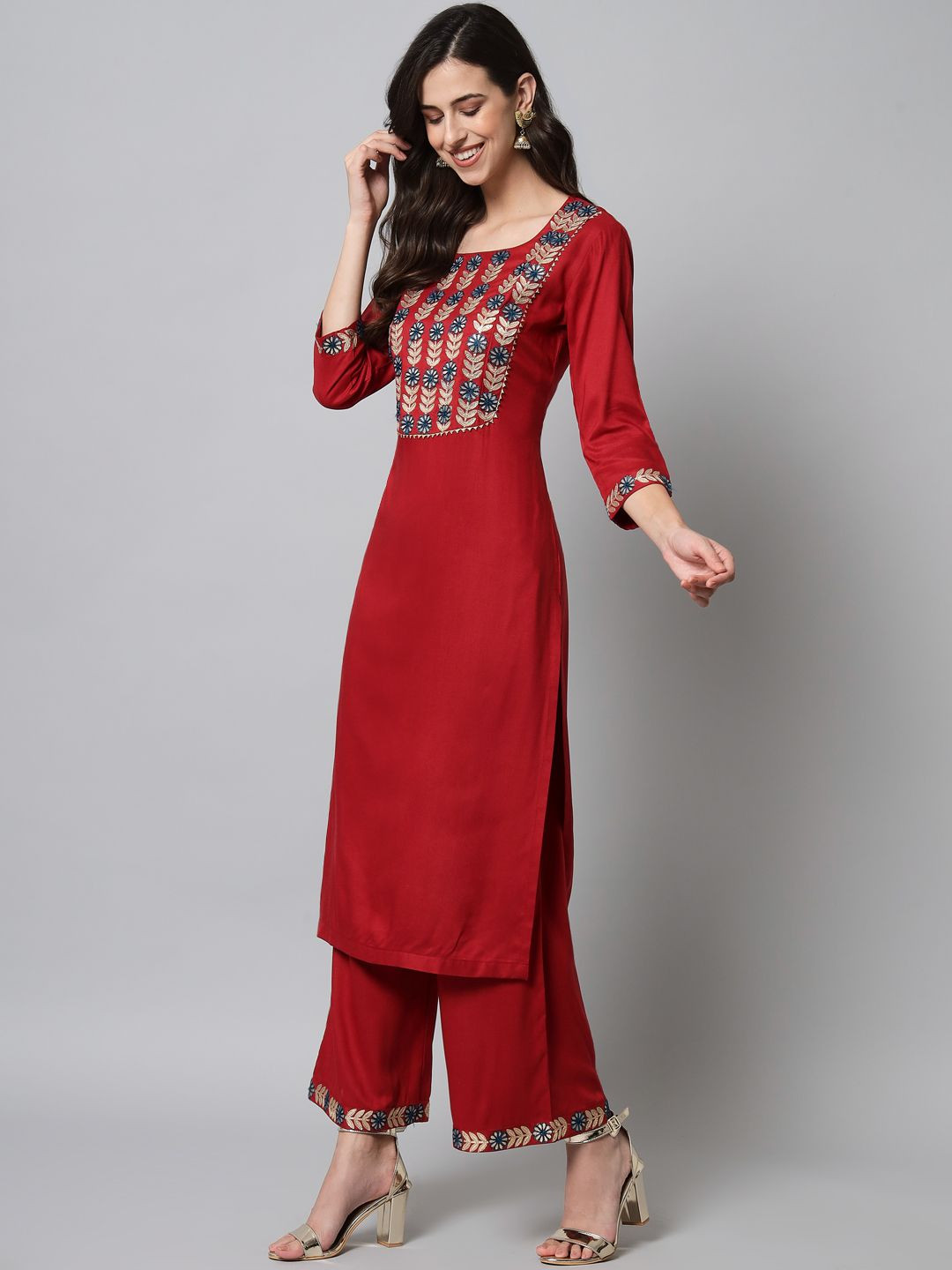 embroidered Red kurta palazzo set