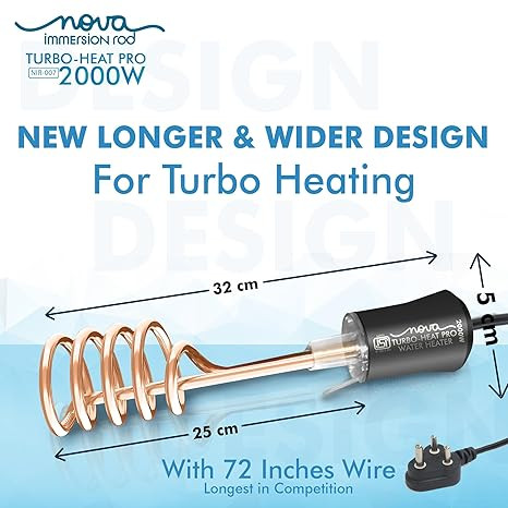 Nova Water Heater 2000W Shock Proof Immersion Rod with Rapid Heating Coil Technology | Copper & Nickel Plated with Extra Long Wire | ISI Certified 1 Year Replacement Warranty