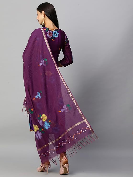 GoSriKi Women's Chanderi Cotton Straight Printed Kurta with Pant & Dupatta