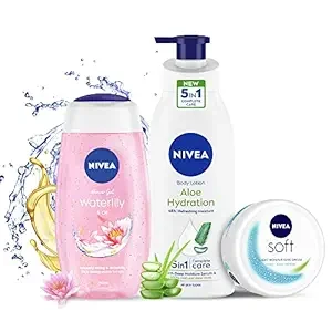 NIVEA Complete Summer Regime Kit-Soft 300ml Moisturizing Cream, Aloe Hydration 400ml Body Lotion & Water Lily Flower 250ml refreshing Shower Gel