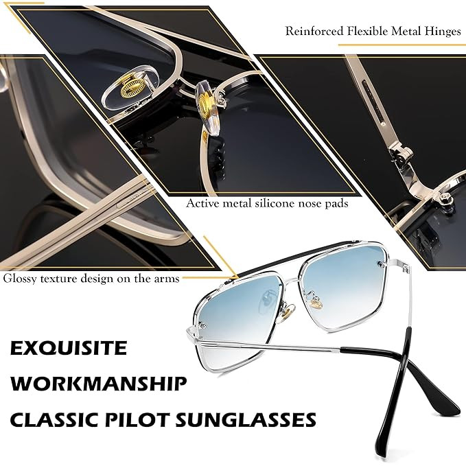 Karsaer Sunglasses, Fashion Square Pilot Aviator Sunglasses, Vintage Metal Gradient Glasses for Men and Women E1252