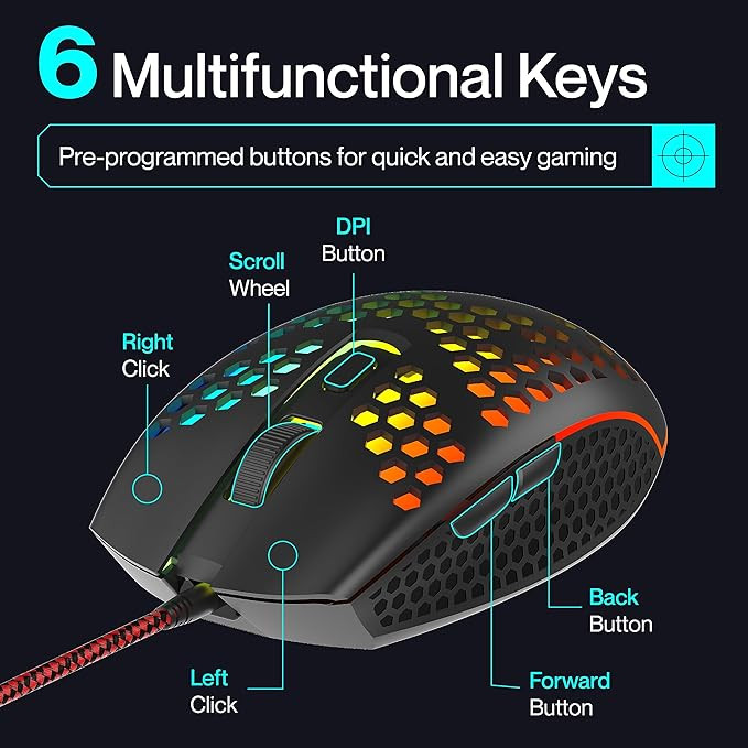 Ambrane Honeycomb Design Wired Gaming Mouse with 6 Programmable Buttons, 4-Speed Customizable 3600 DPI, Comfortable Grip, 7 Colors Breathing LED Light, 1.5m Long Cable, Lightweight (TroneX, Black)