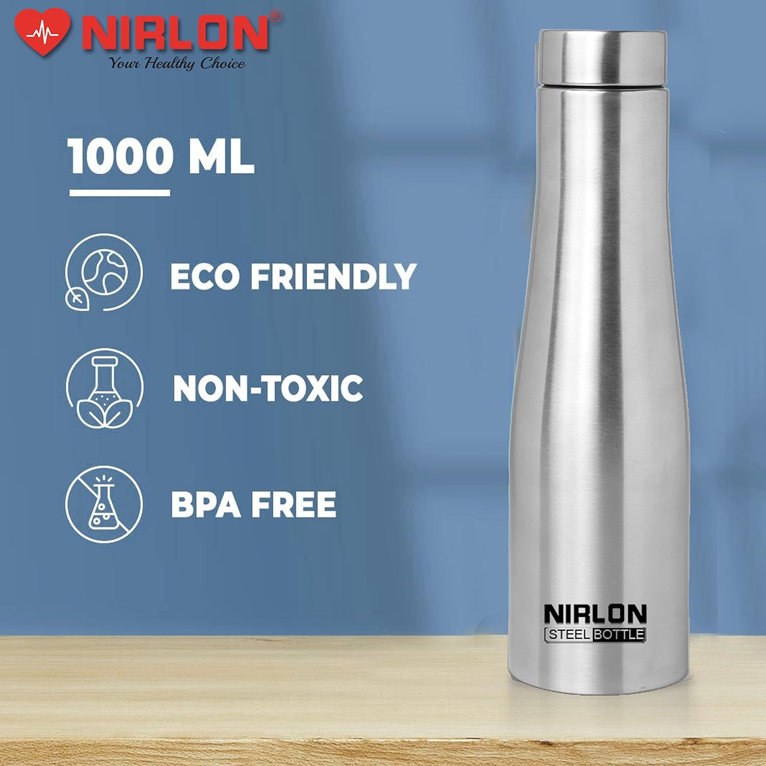 NIRLON TallBell Stainless Steel Single Wall Water Bottle/Fridge Refrigerator Bottle/ 100% Leak Proof/Office Bottle/School Bottle, 1000 ML, Set of 3