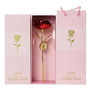 INTERNATIONAL GIFT Red Rose Flower with Golden Leaf with Gift Box with Carry Bag 29 cm x 10 cm x 10 cm