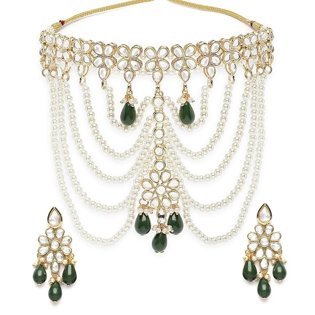 Karatcart Pearl Beaded and Green Tumble Kundan Choker Neckalce Set for Women