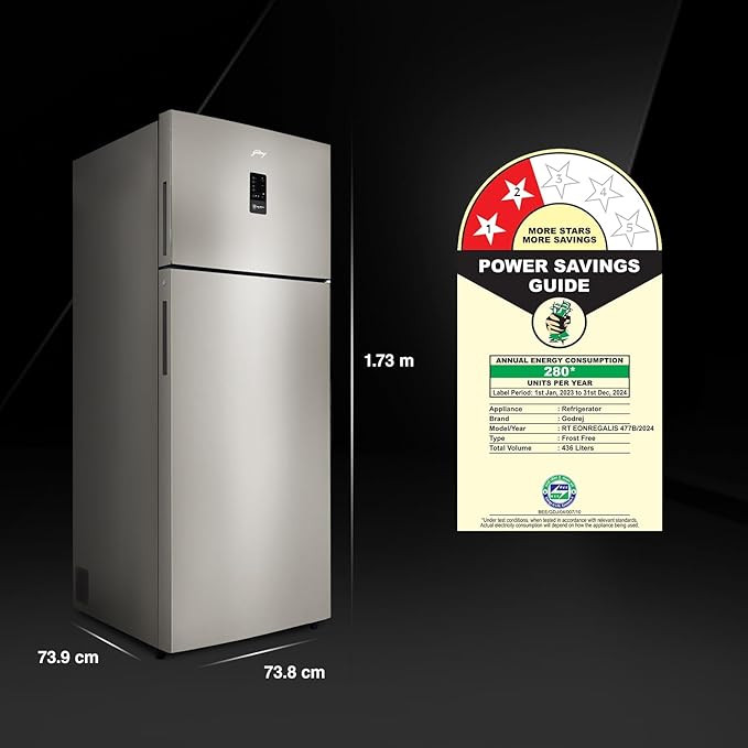 Godrej 436 L 2 Star With AI Tech, 95%+ Food Surface Disinfection With Nano Shield Technology Inverter Frost Free Double Door Regalis Refrigerator (2024 Model, RF EON 438B RCI CH GD, Champagne Gold)