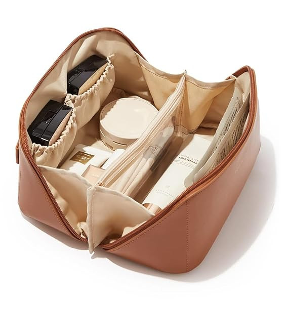JRM Women’s Large Capacity Cosmetic Travel Bag - Waterproof Leather Makeup Organizer with Wide Opening, Dividers with Handle (Cross Open, Brown)
