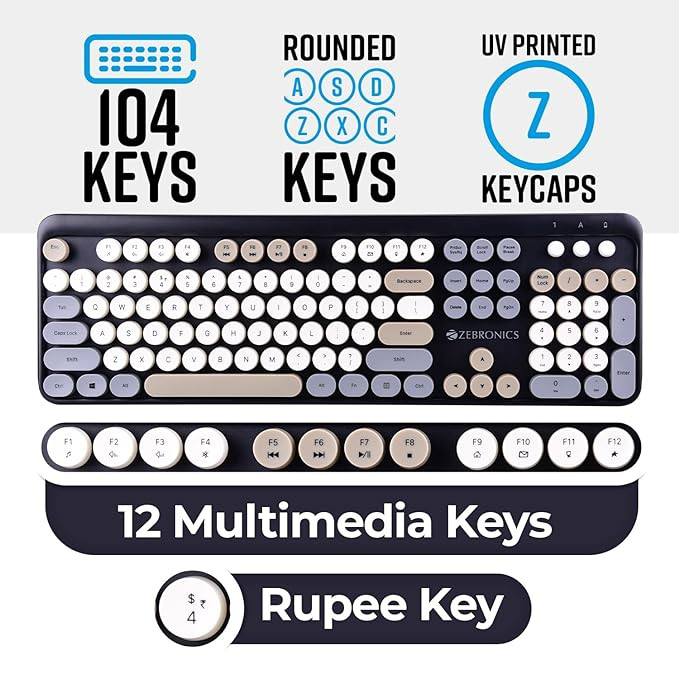 ZEBRONICS Companion 301 2.4GHz Wireless Keyboard & Mouse Combo with UV Printed, Retro Style Keys, 104 + 12 Integrated Multimedia Keys, 1600 DPI, High Precision (Black + Grey)