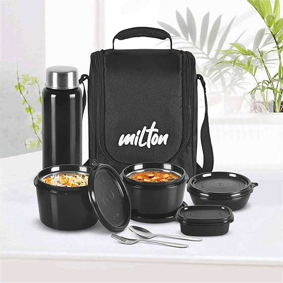 MILTON Pro Lunch Box with Steel Cutlery, 3 Microwave Safe Inner Steel Containers (180ml, 320ml, 450ml) Plastic Chutney Dabba 100ml, Steel Bottle 750ml with Insulated Bag, Office Tiffin,)