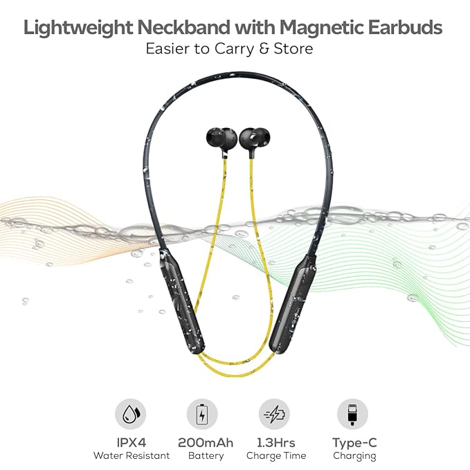 pTron Tangent Duo Bluetooth 5.2 Wireless in-Ear Headphones, 13mm Driver, Deep Bass, HD Calls, Fast Charging Type-C Wireless Neckband, Dual Pairing, Voice Assistant& IPX4 Water Resistant (Yellow/Blac