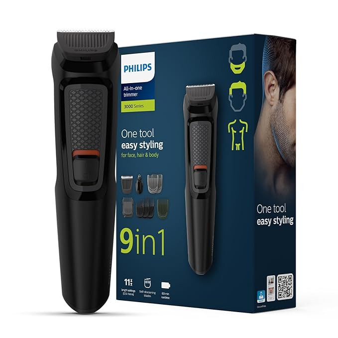 Philips India's No.1 Men's Trimmer | Self Sharpening Blades | Single Stroke Grooming I 9 in1 Face, Nose and Body I 3 year warranty | Powerful motor | No Oil Needed I 60 min runtime I MG3710/65