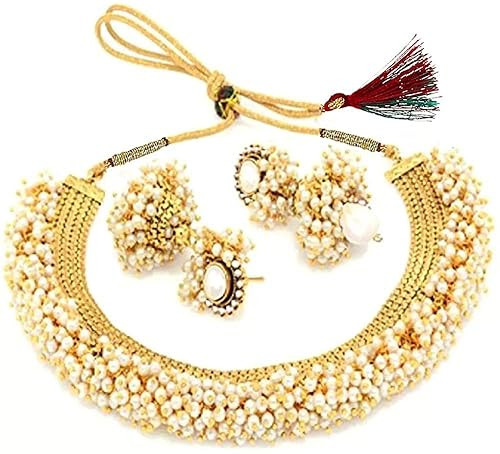 YouBella Jewellery Set for Women Gold Plated Pearl Necklace Set Traditional Temple Choker Necklace Set for Women/Jewellery Set with Earrings for Girls and Women