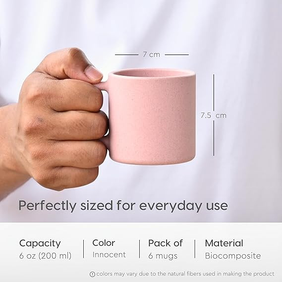 Eha Earth-Friendly Comfy Coffee Cup Set of 6 | 200 ml | Made with Rice Husk & Bamboo Fibers | Microwave Safe | for Hot & Cold Coffee Mug, Tea & Milk | Natural Matte Finish | Multicolor