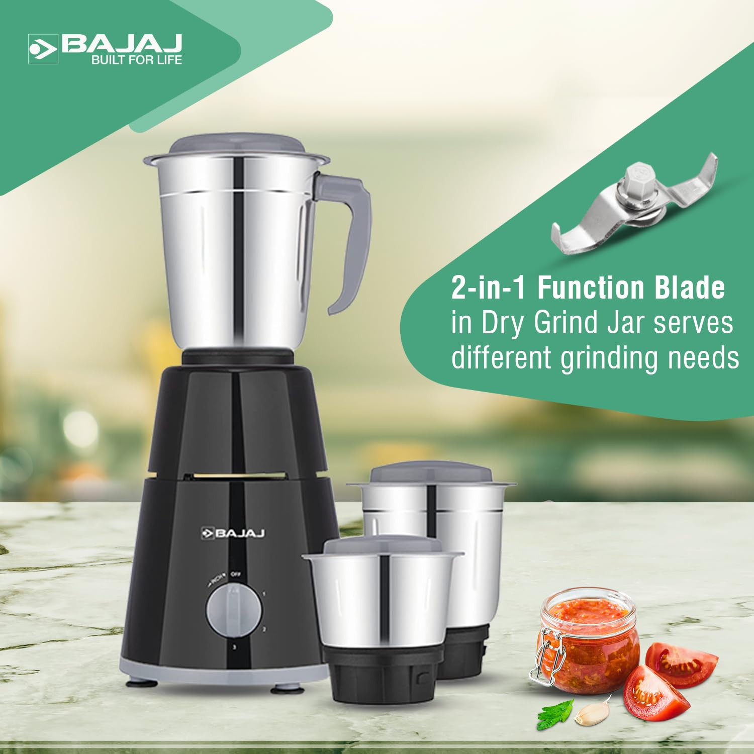 Bajaj GX-1 Mixer Grinder 500W|Superior Mixie For Kitchen|2-in-1 for Dry Grinding| Blade Function With Titan Motor|3 Stainless Steel Mixer Jars|1 Year Product Warranty By Bajaj 【Black】