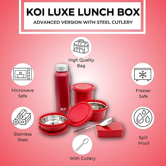 KOI Luxe Lunch Box Set with Insulated Bag Pack of 3 Microwave Safe Steel Containers with BPA-Free Lids (290ml, 450ml, 600ml), Plastic Pickle Box (180ml), and Steel Water Bottle(750ml)- Grey