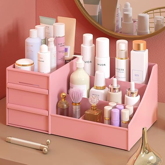 Boniry Makeup Organizer with Drawers Vanity Storage Box, Versatile Plastic Makeup Organizer, Perfect for Home and Office Use For Countertop Cosmetics Display Case Holder (PINK)