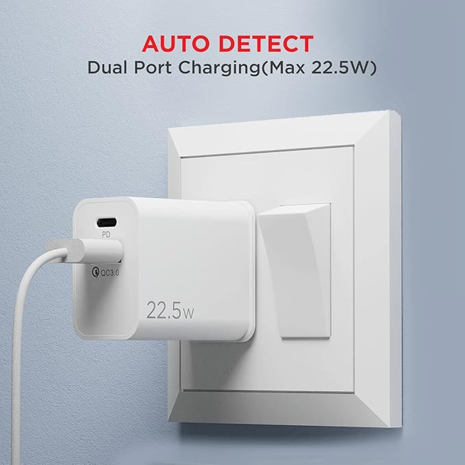 boAt WCDV 22.5W Dual Port Charger with 22.5W Power Delivery Support & 18W Quick Charge 3.0, Smart IC Protection, Auto Detection for Samsung, Xiaomi & Android Users with Type A to Type C Cable(White)
