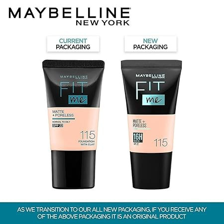 Maybelline New York Liquid Foundation, Matte & Poreless, Full Coverage Blendable Normal to Oily Skin, Fit Me, 115 Ivory, 18ml