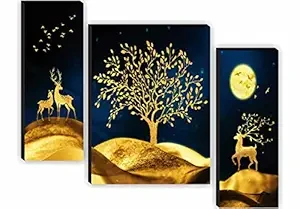 SAF paintings Set of 3 Deer with Tree Modern Art UV Textured Home Decorative Gift Item Self Adeshive Painting 18 Inch X 12 Inch SANFJM31009