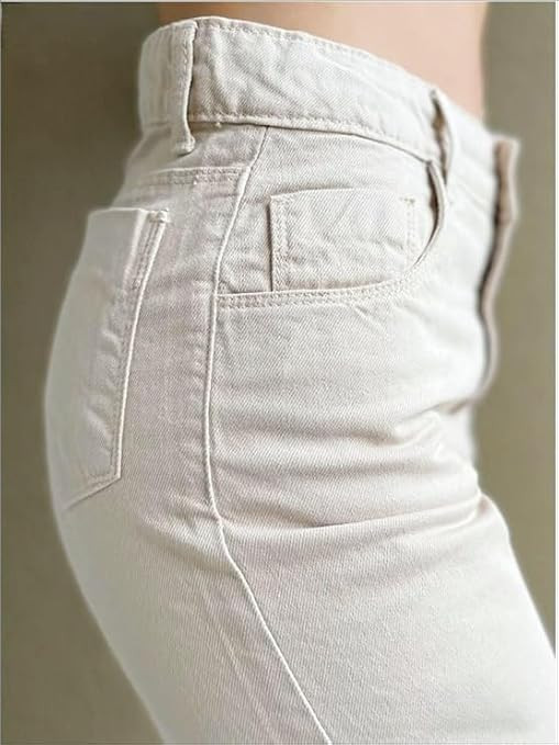 Womens Solid High Rise Denim Relaxed Fit Ankle Length Jeans WID Leg-Cream